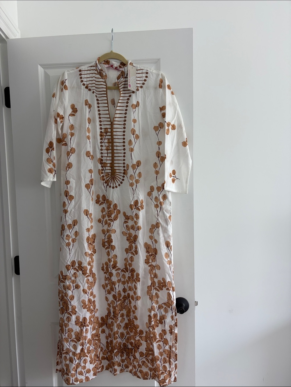 White Cotton Tunic Dress with Brown Leaf Print